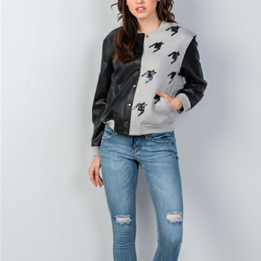 Black/Grey Colorblock Vegan Varsity Faux Leather Jacket Sequins Details